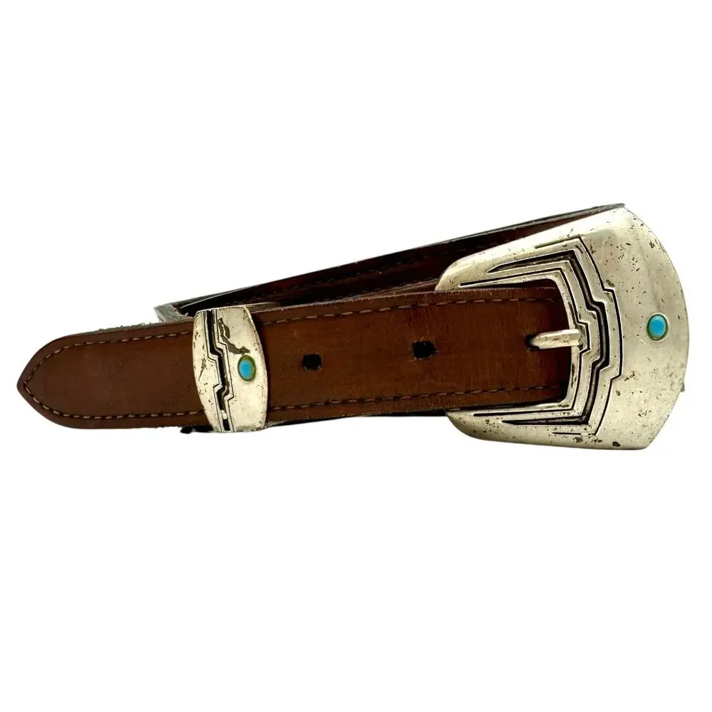 Nocona Western Leather Belt Brown Silver Buckle 36 Cowboy Vintage 90s